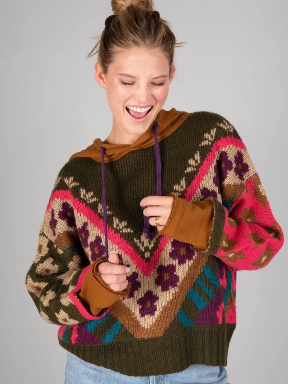 Natural Life Dreamer Jacquard Colorful Floral Hoodie Knit Sweater S/M